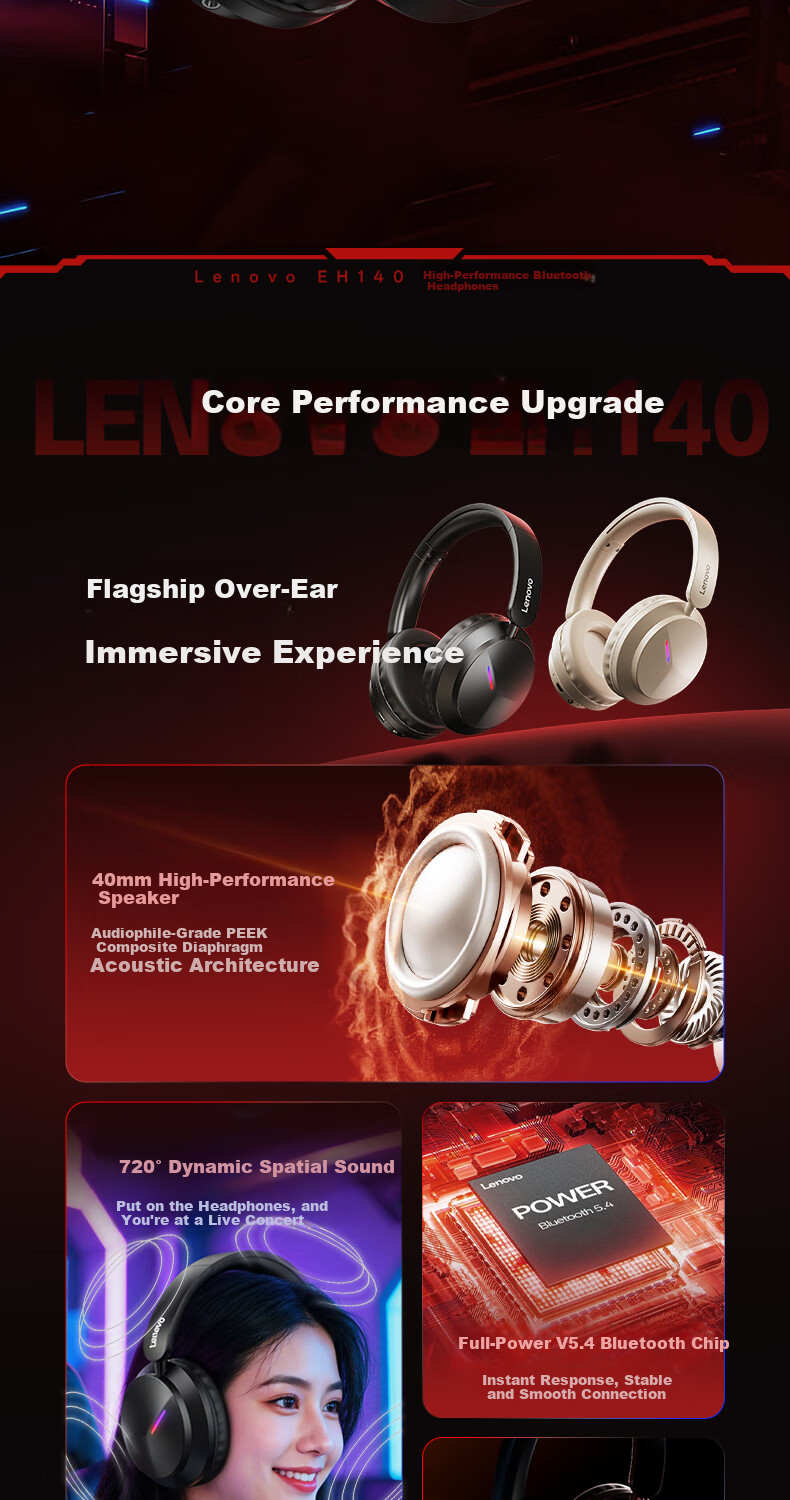 Lenovo Official JD Self-operated Gaming Headset Over-ear Bluetooth Wireless Long Battery Life FPS PUBG Delta Fearless Contract EH140 Black 2