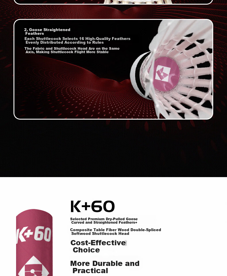 KUMPOO Feather Badminton Shuttlecocks Durable Non-Tear Stable Flight Competition Training 12-Pack K+60 Speed 76 10