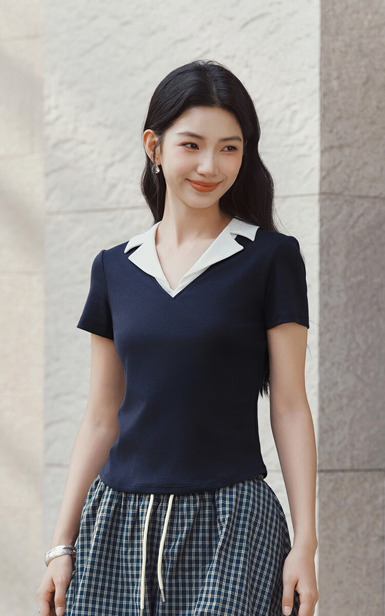 Semir Women's Summer Short Cool Color-Block Polo Shirt with Blazer Collar Slim Pullover 2026 Top 109326115006 2