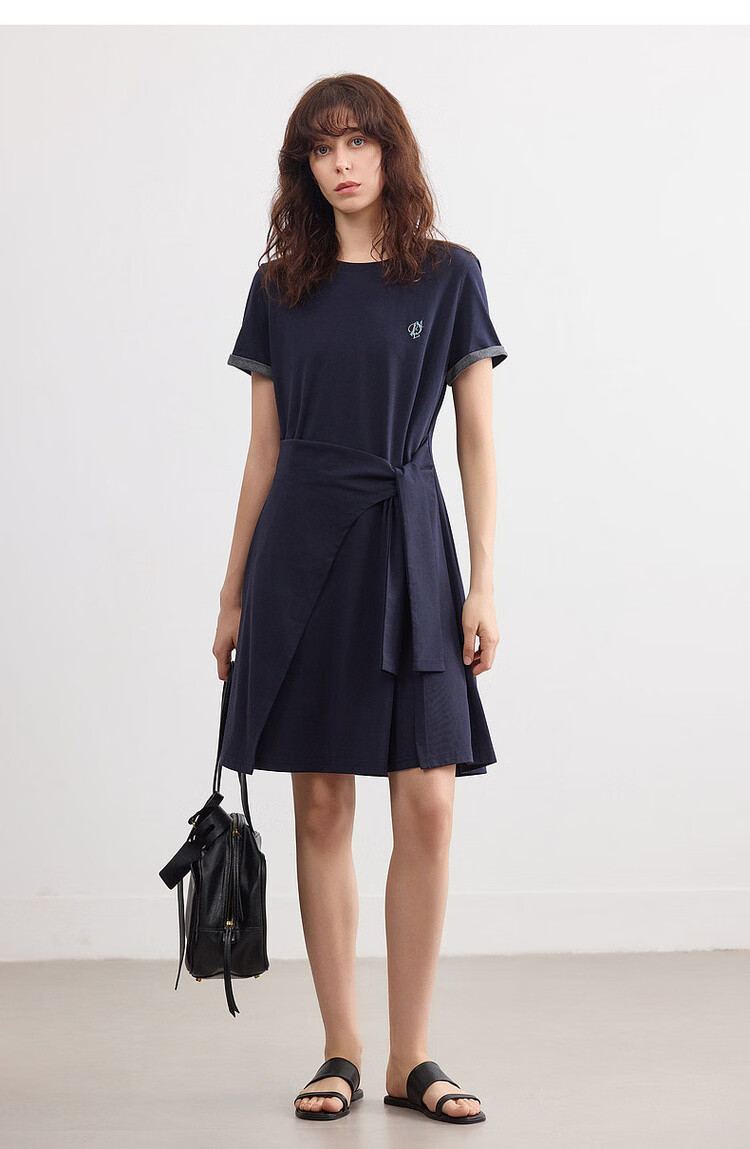 Demana [Cool Sorona] Summer Korean Style Round Neck Embroidered Patchwork Colorblock Short Sleeve Waist Cinched Short Dress for Women 21