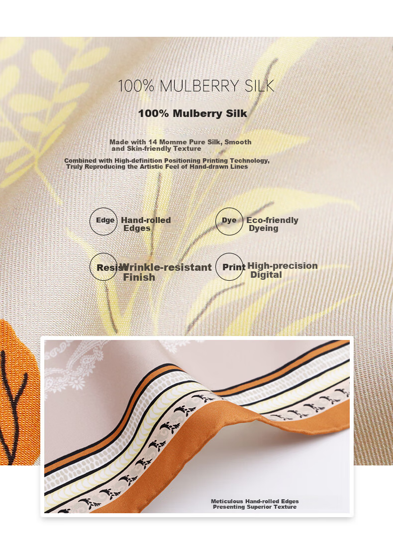 MARJA KURKI Birthday Gift Double-Sided Color-Block Mulberry Silk Scarf, Mother's Pure Silk Scarf, Ladies' Silk Clasp Set with Lace Trim, Wood Orange Brow 11