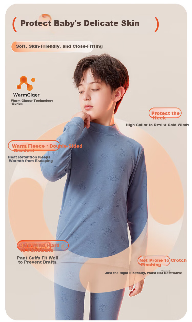 Caiyue Kids Thermal Underwear Boys Double-Sided Fleece Warm Ginger Heating Autumn Top and Bottom Set Autumn Winter Big Kids Two-Piece Set 3
