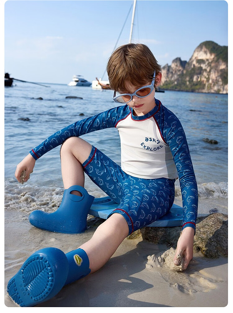 ASK JUNIOR 【Sun Protection & Chlorine Resistant】Quick-Dry Children's Two-Piece Swimsuit with Swim Cap Summer Boys' Professional Training Wear for Older Kids 12