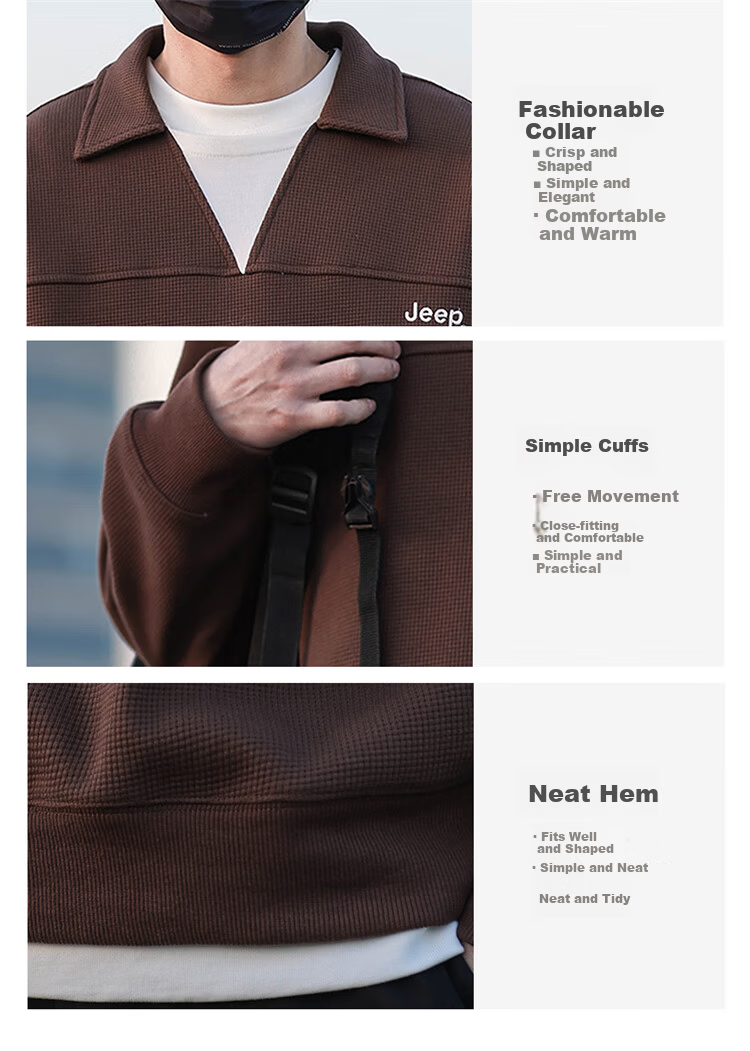 JEEP Men's Spring Autumn Vintage Waffle Knit Polo Shirt Loose Fit Base Layer Dark Coffee L 1