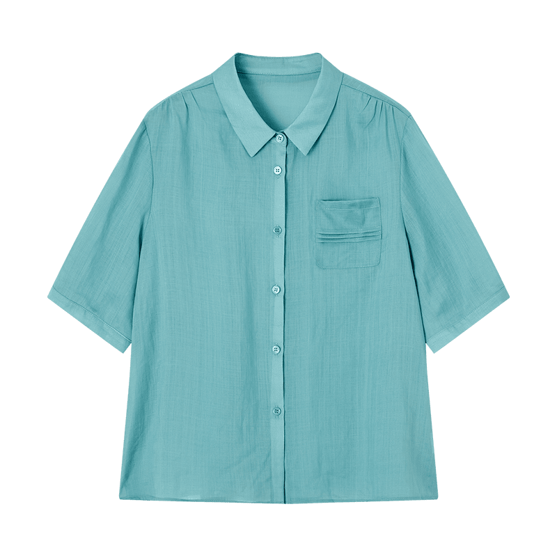 Demana [Ramie Lyocell Blend] Summer Elegant Small Turn-down Collar Pleated Patch Pocket Loose Slimming Shirt for Women High-end Feel