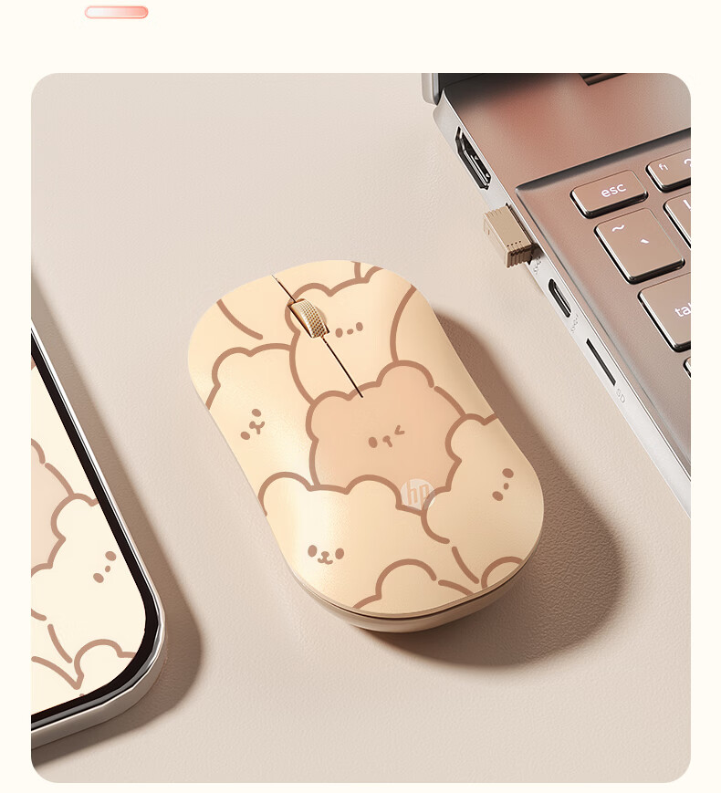 HP Wireless Bluetooth Mouse Cute Bear Design Silent Dual-Mode Laptop Office Mouse Compatible with iPad Tablet Apple Type-C Charging Portable 16