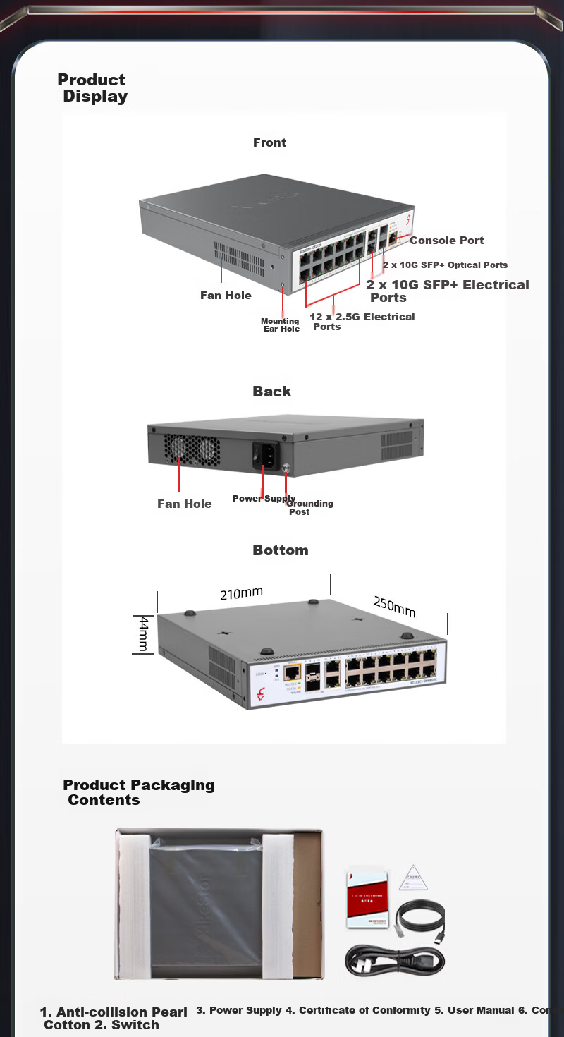 Xike Three-Layer Managed 12-Port 2.5G + 4-Port 10G Ten-Gigabit Switch with DHCP and Routing Function 16-Port 2.5G Switch SKS8300-12E2T2X 15