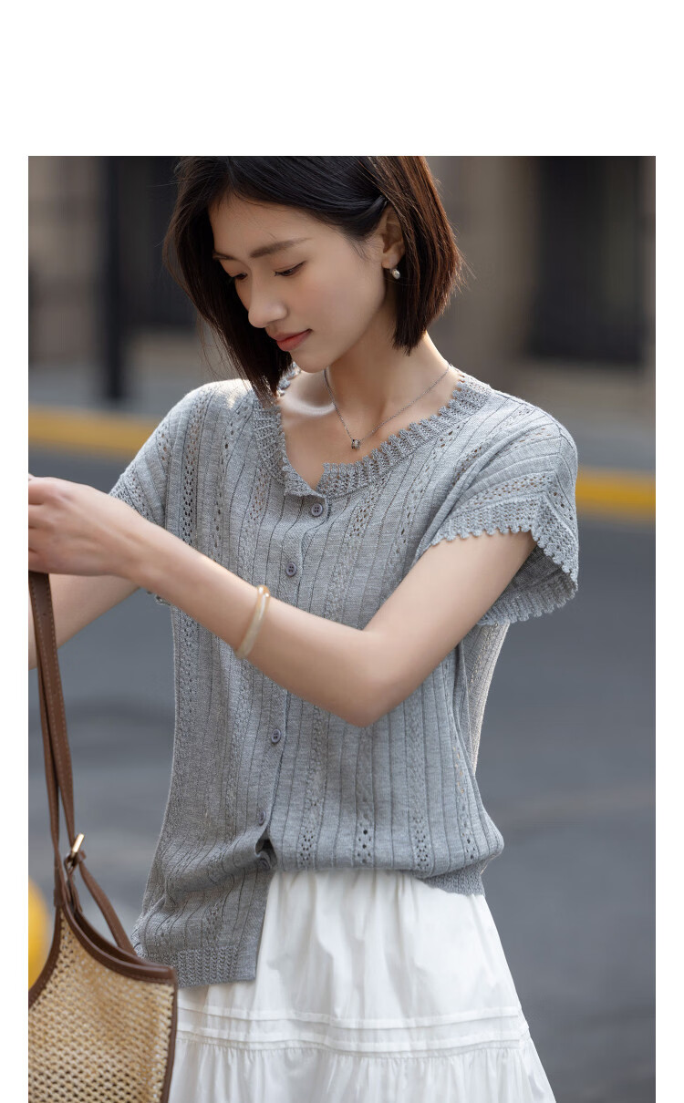 Demana [with Lyocell] Summer Glossy Lace Collar Hollow Textured Jacquard Raglan Slim Knit Top for Women Premium 11