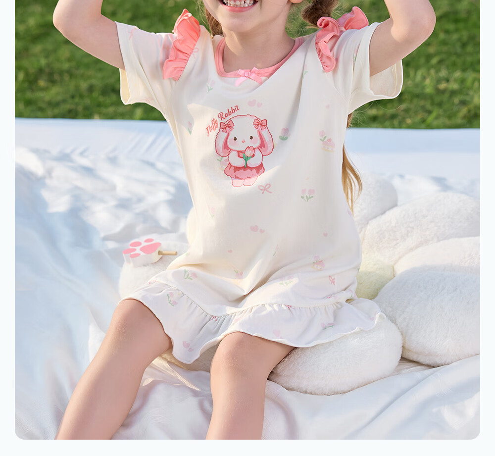 Betis Kids Homewear 2026 Summer New Thin Breathable Short Sleeve Nightdress Girls Pajamas Air Conditioning Dress with Lace 17