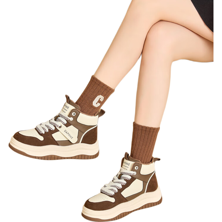DAPHNE Women's Thick-Soled High-Top Winter Cotton Shoes with Fleece, Non-Slip Snow Boots, Coffee Color, Size 40
