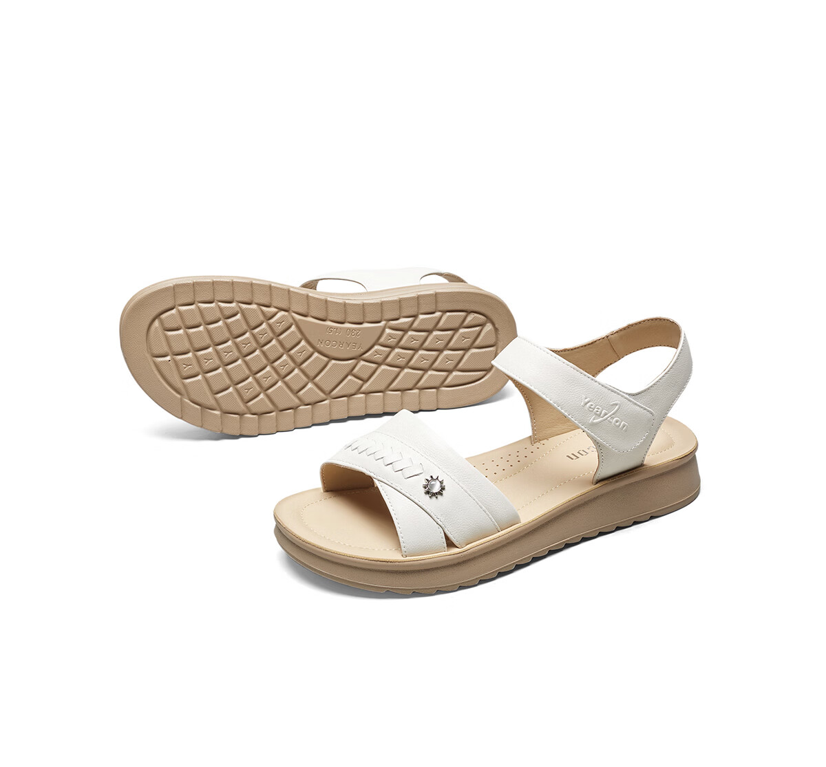 Eierkang Women's Genuine Leather Soft Sole Magic Tape Comfortable Wedge Sandals for Middle-aged and Elderly Moms 18061W Off-white Size 40 8