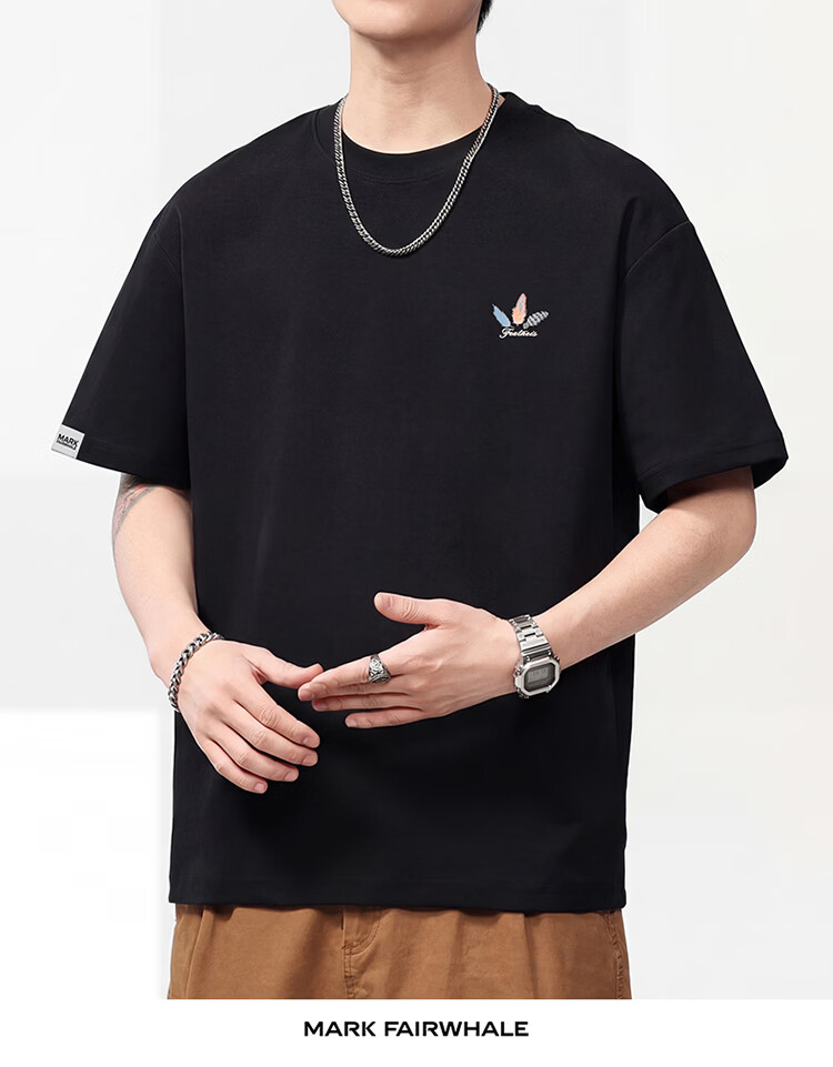 MARK FAIRWHALE Men's Summer Heavyweight Cotton Short Sleeve T-Shirt Fashion Printed Casual Tee Apricot S 12