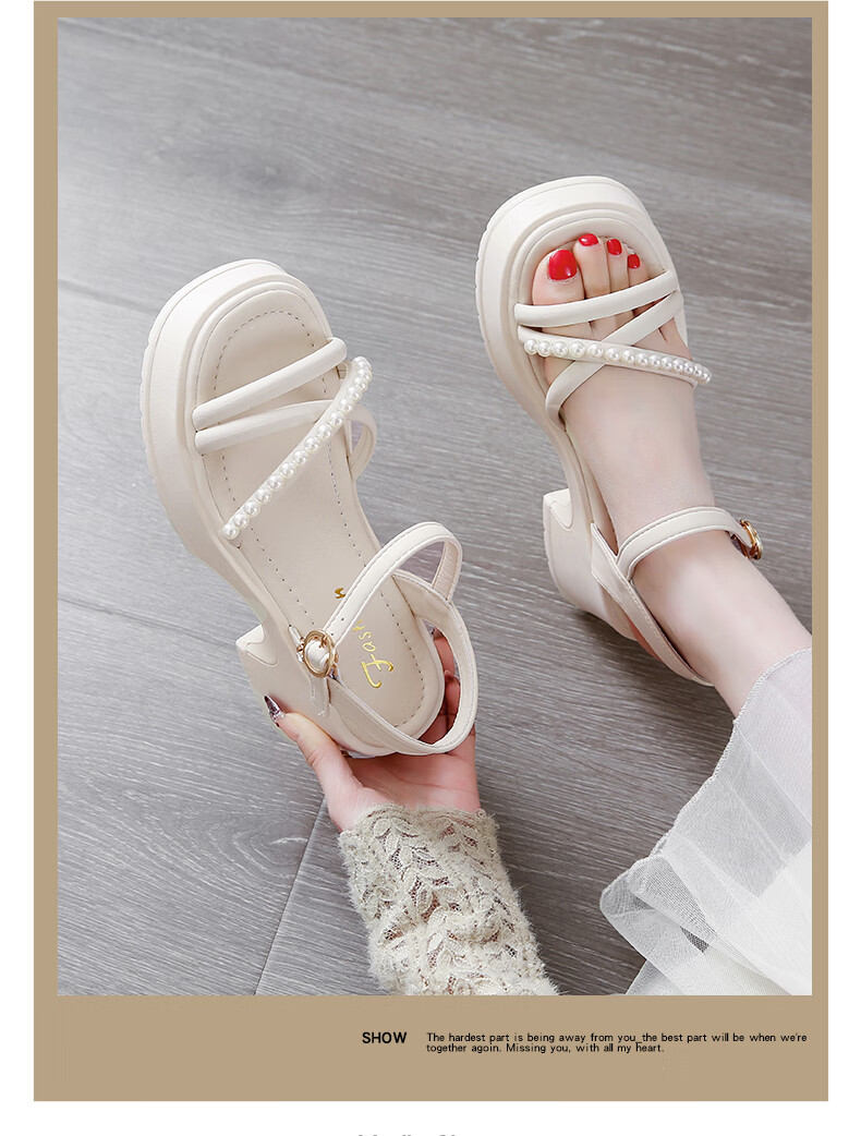 Cartelo Crocodile Women's Sandals Summer New Pearl Chunky Heel Fashion Versatile Thick Sole Casual Shoes 1771 Beige Size 38 13