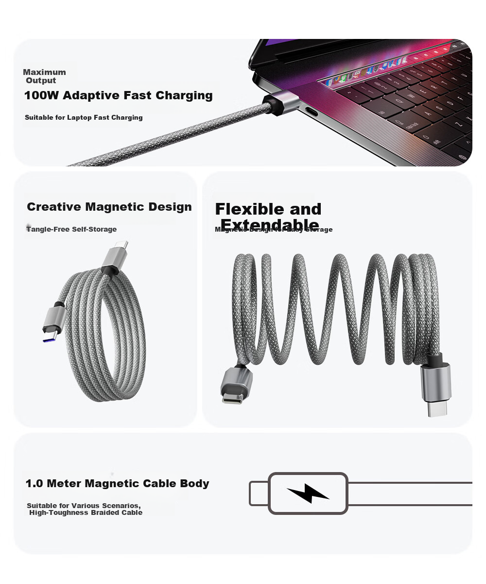 Beimo Magnetic Dual-Head Type-C Data Cable 100W Fast Charging Car-Compatible for iPhone 17 Pro Max, iPad, Huawei Silver 1.5m 2