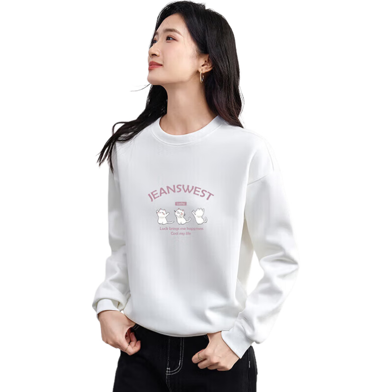 Jeanswest Women's Sweatshirt, Round Neck, Spring And Summer 2025, Loose Fit, Slimming, Petite, Casual Style, Hoodless Top, Black, Size M