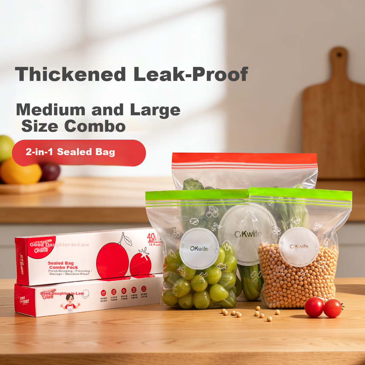 Good Wife Food Sealing Bags 40pcs Mixed Sizes Thickened Double-Strap Seal Household Refrigerator Fresh-Keeping Bags