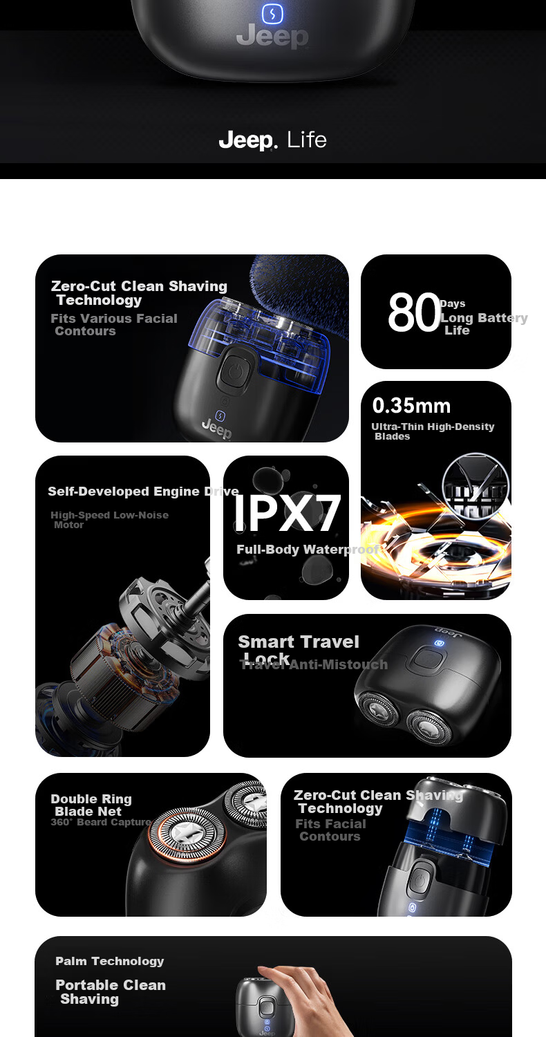 Jeep Compass Electric Shaver for Men Compact Portable Mini Razor Travel Business Long Battery Life Fully Washable Gift for Dad Boyfriend Husband E2 Black 3