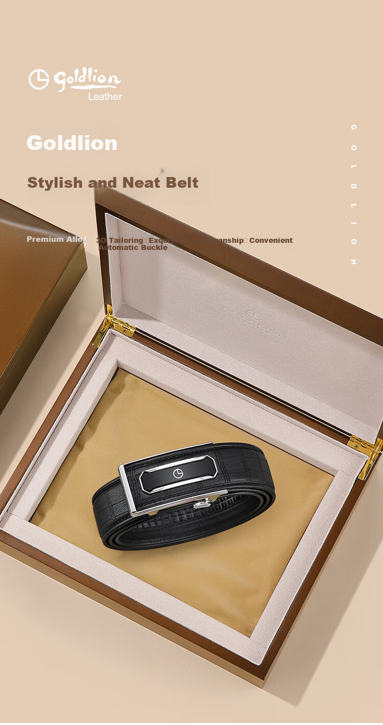 Goldlion Men's Deer Leather Automatic Buckle Belt with Inner Buckle and Outer Buckle, Wooden Gift Box, Birthday Gift 1