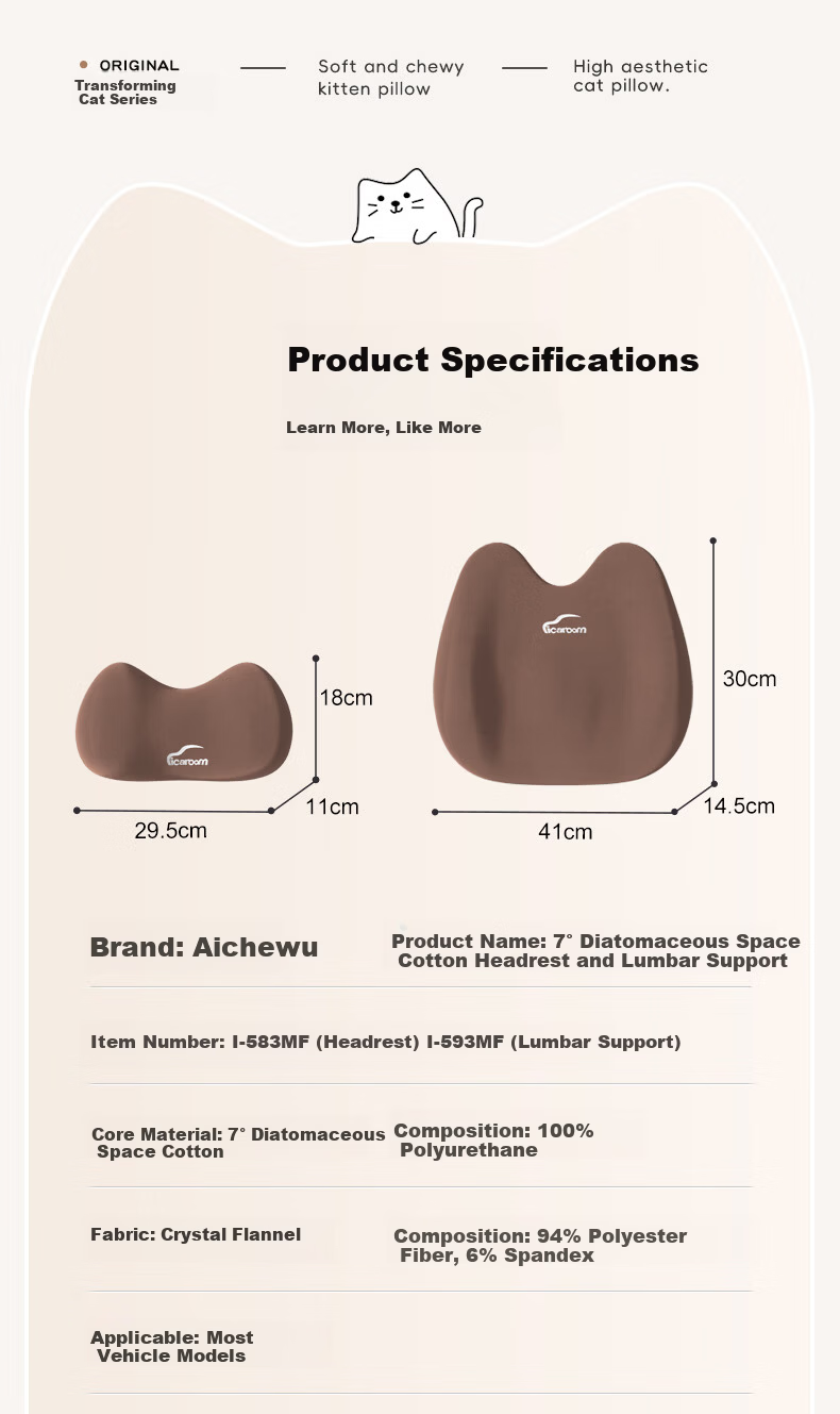 ICAROOM Car Headrest and Lumbar Support Set Memory Foam Neck Pillow Cervical Spine Cushion Car Waist Pillow Lumbar Support Cushion 24