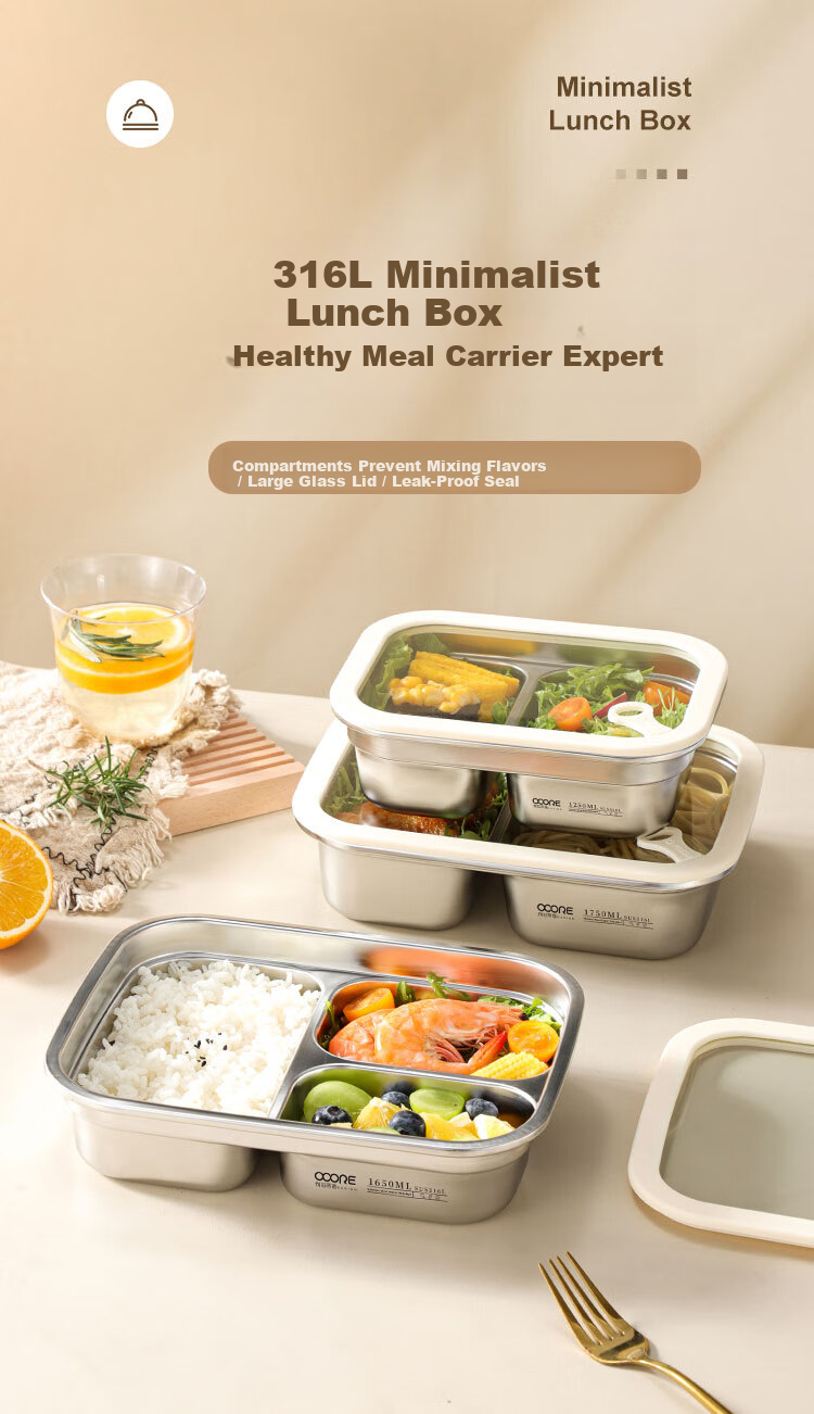 Wuxin Quality 316L Stainless Steel Lunch Box for Office Workers, Divided Bento Box, Microwave Safe, Large Capacity Double Compartment 1250ml 1