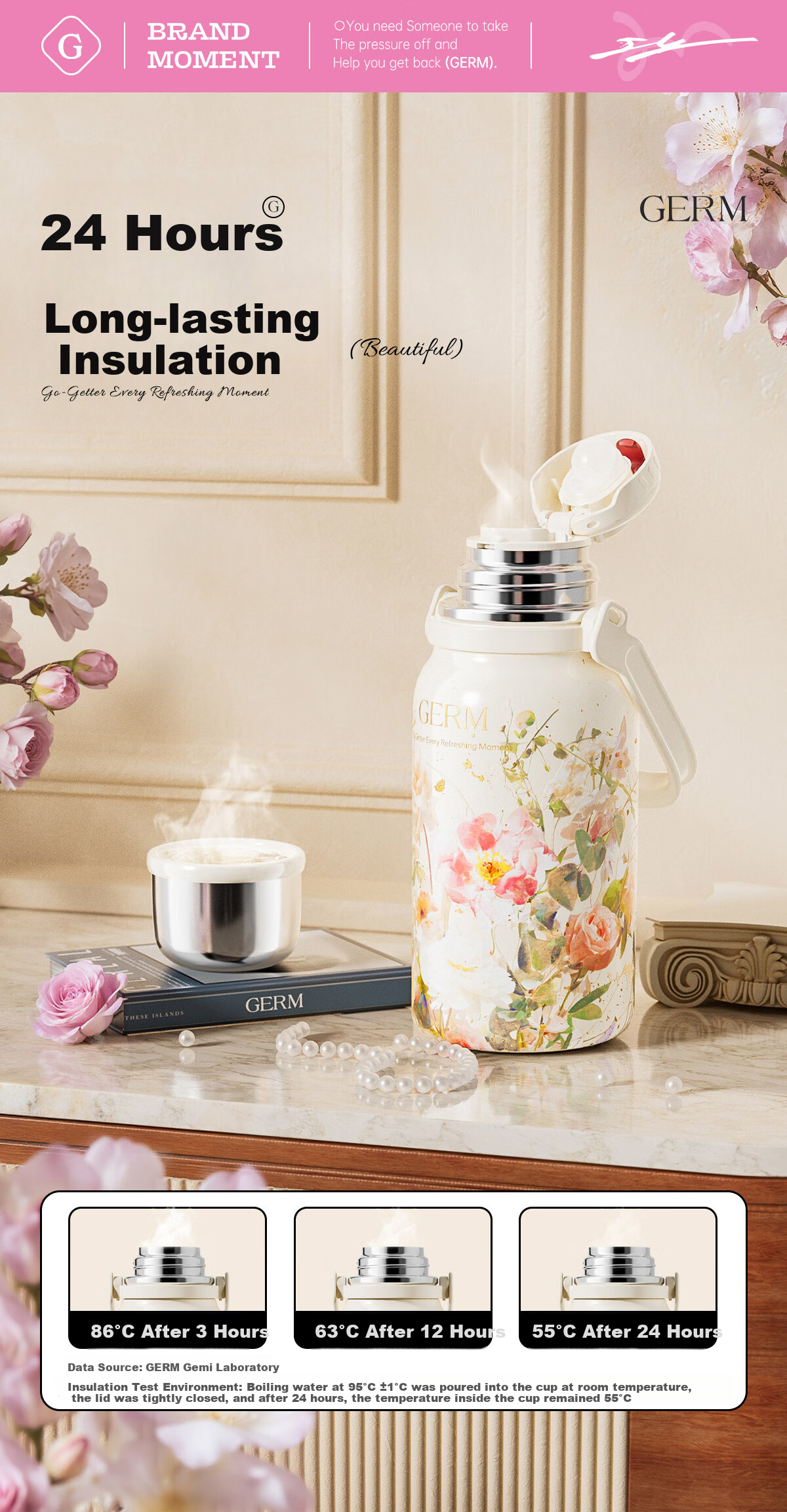 Germ Intangible Cultural Heritage Su Embroidery Insulated Water Bottle Large Capacity Sports Water Bottle Portable Women's Student Cup 800ML Magnolia 9
