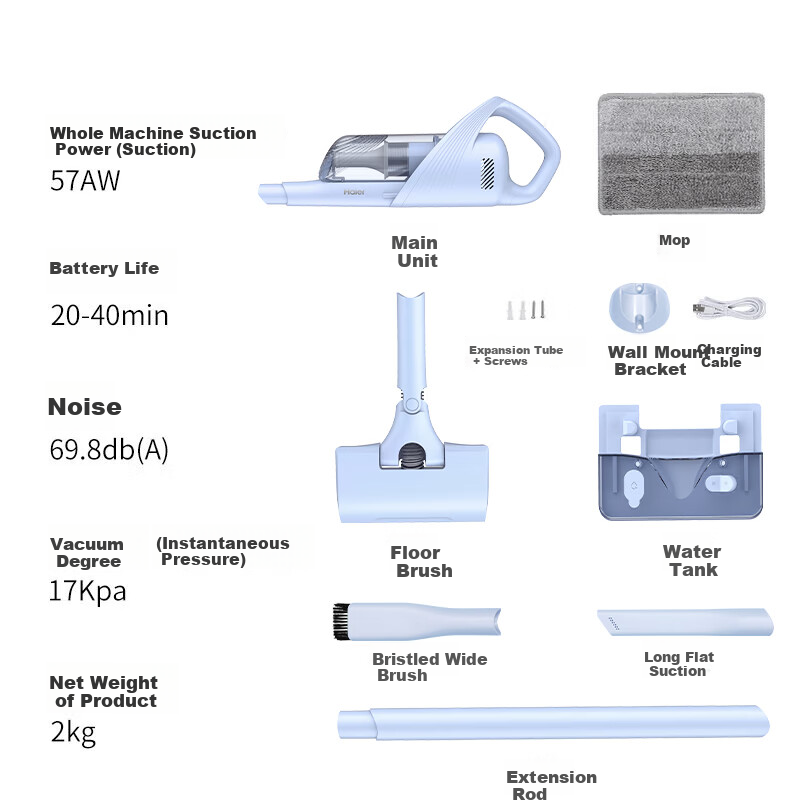 Haier Wireless Cordless Vacuum Cleaner with Mopping Function, Lightweight Portable Pet Hair Remover for Home and Car, High Power Strong Suction Wet and Dry Multi-Use Handheld Vacuum HZG-Y2A Group Purc