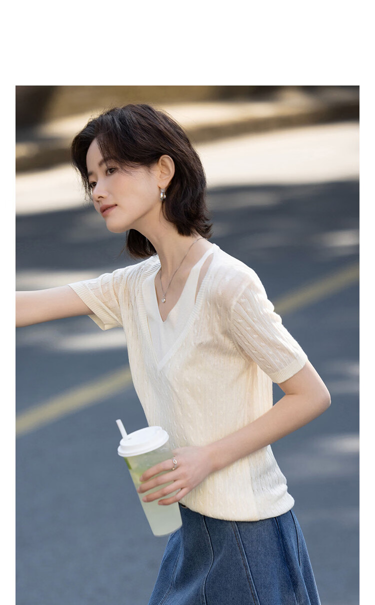 Demana [100 Lyocell] Summer Halter Neck Two-Piece V-Neck Cable Knit Slim Fit Short Sleeve Sweater for Women Premium Quality 9