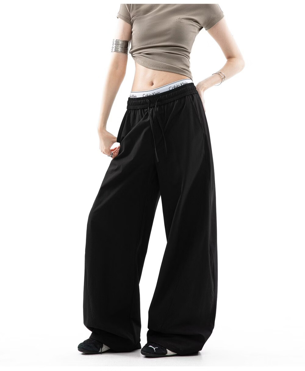 ICH MODE Women's American Style Straight White Pants Summer Loose Popular Cargo Pants Sports Pants Wide Leg Casual Pants Black S 21