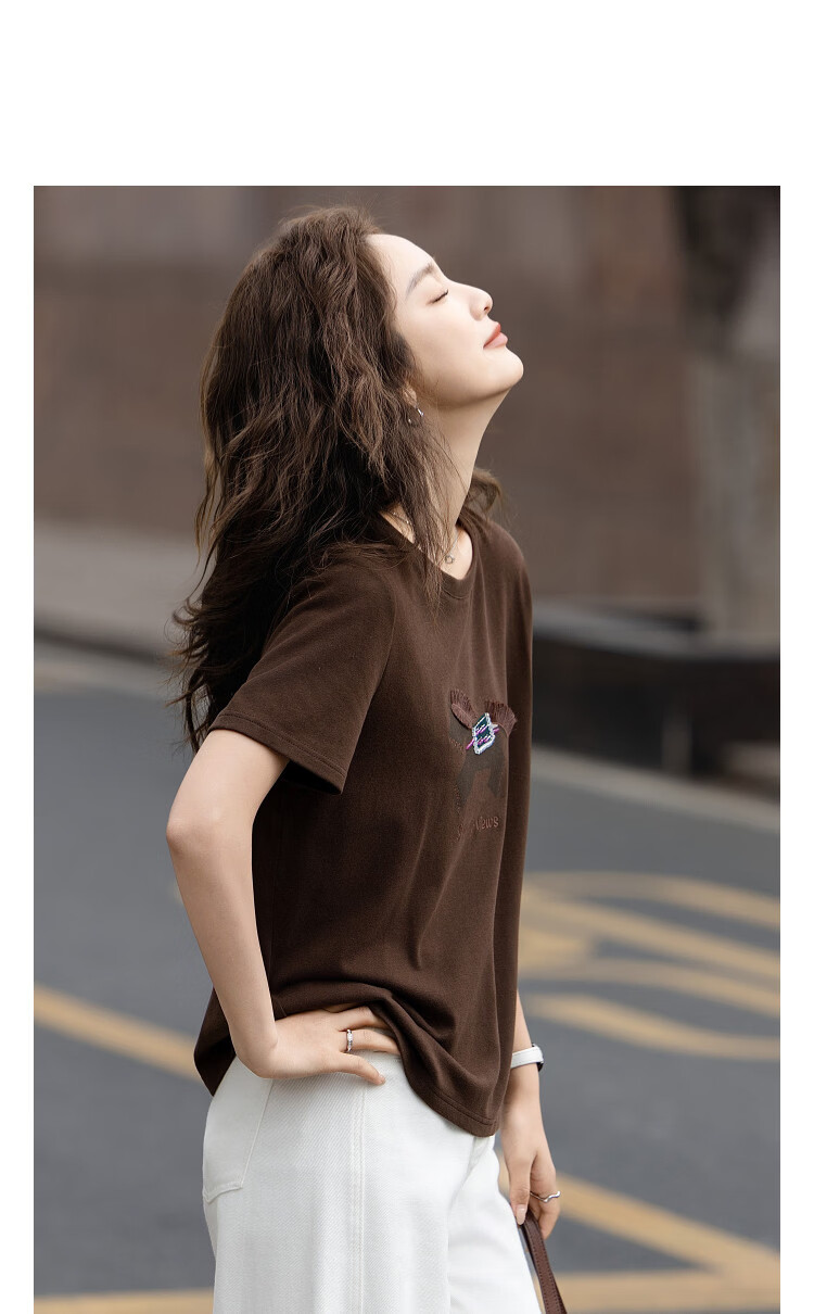 Demana [Little Horse Embroidery] Autumn Cloud Oxygen Cotton Series Crew Neck Straight Loose Slim T-Shirt for Women Premium Feel 8