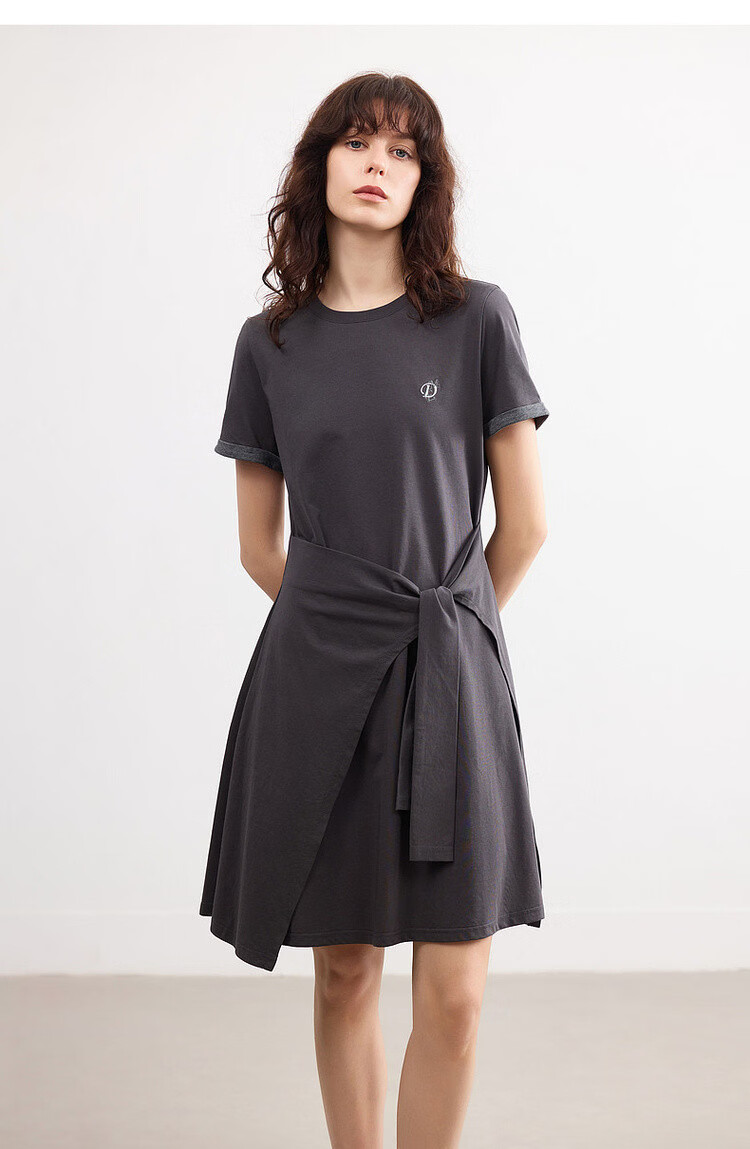 Demana [Cool Sorona] Summer Korean Style Round Neck Embroidered Patchwork Colorblock Short Sleeve Waist Cinched Short Dress for Women 18