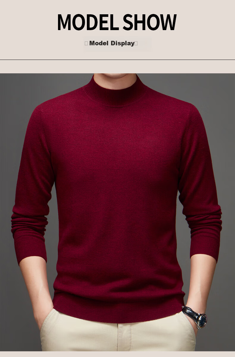 Hengyuanxiang Pure Wool Men's Autumn Winter Thin Half Turtleneck Knit Sweater Top Dark Red 175 9