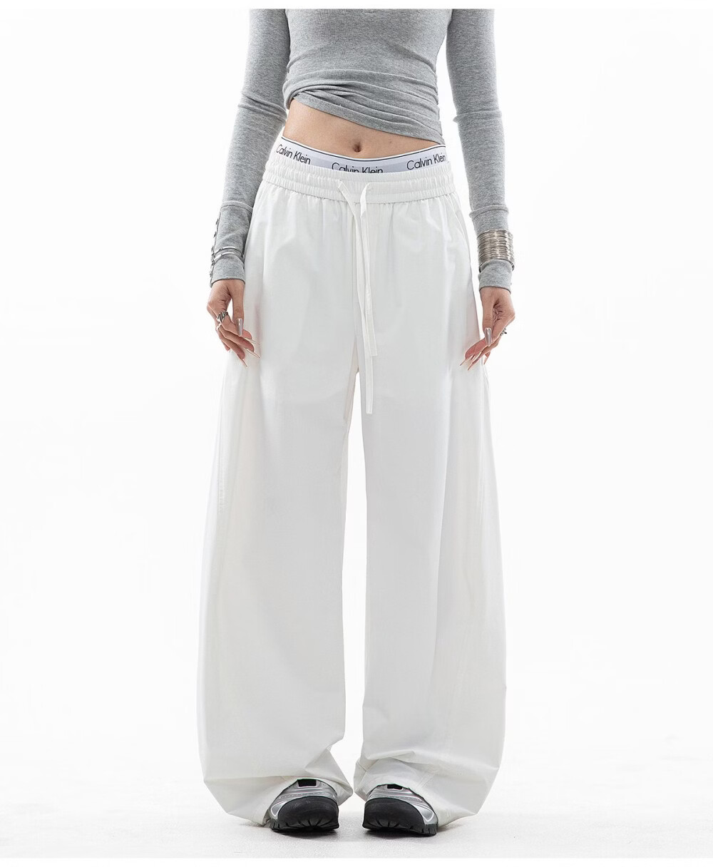 ICH MODE Women's American Style Straight White Pants Summer Loose Popular Cargo Pants Sports Pants Wide Leg Casual Pants Black S 11