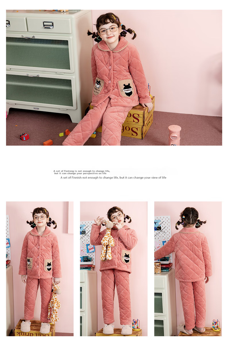 Fenteng Children's Pajamas for Girls, Warm Baby Fleece Three-Layer Quilted Thick Girls' Loungewear Q9984750924 10