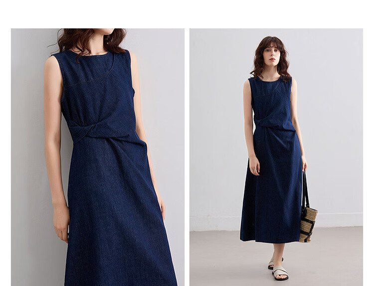 Demana [Denim Filter] Summer Vintage Round Neck Sleeveless Pleated Waist Slimming Mid-Length Denim Dress for Women 5