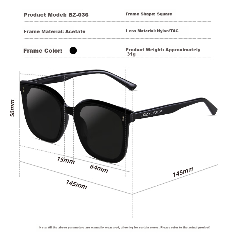 LOESY Versatile Slimming Fashion Polarized Sunglasses UV Protection Driving Black Frame Black Gray Nylon Non-Polarized 17