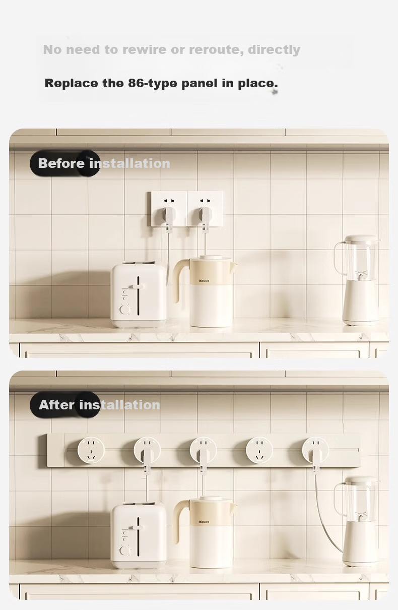 AUX Track Socket Movable Wall Socket No Drilling Wall-Mounted Sliding Track Power Strip Milk White 50CM + 3 Large Aperture Five-Hole Outlets 4