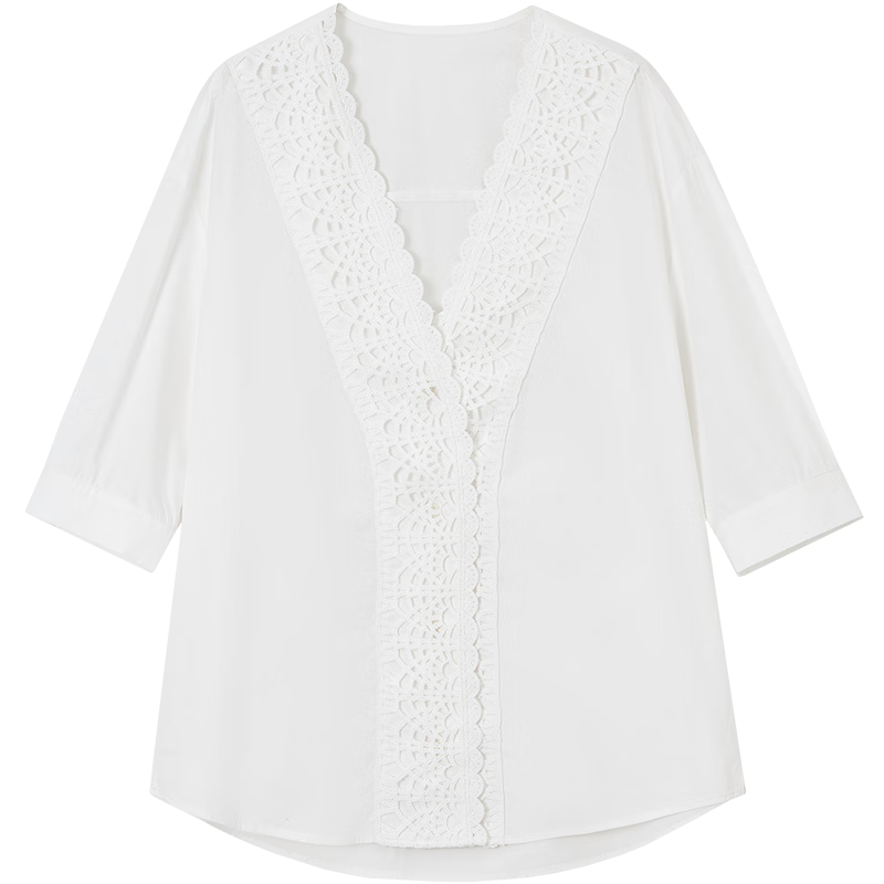 Demana Pure Cotton Breathable Poetic Summer Artistic Fresh Lace Spliced V-Neck Short Sleeve Shirt for Women