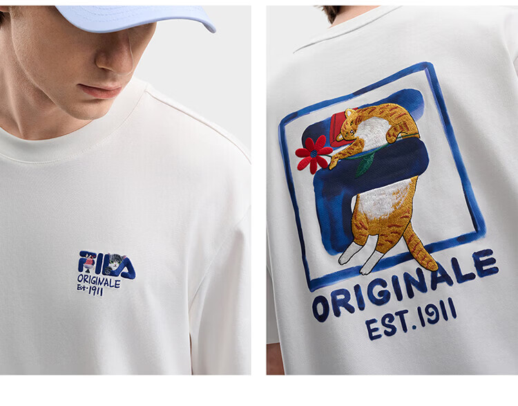 FILA Official Couple's Knitted Short Sleeve Shirt 2026 Summer Fashion Casual Unisex Loose Cat Embroidery T-Shirt 73