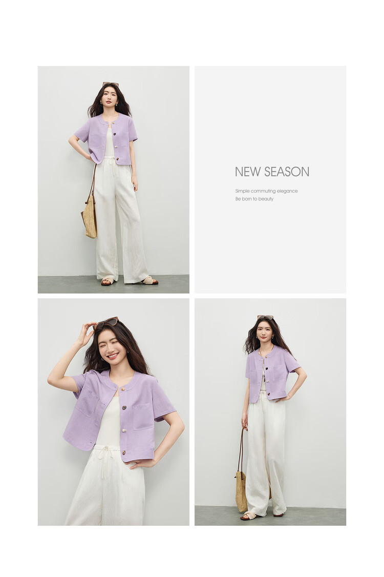 Shangdu Bila Linen Lyocell Jacket Women Spring Summer Petite Round Neck Colorblock Button Short Coat Light Luxury Elegant Cardigan 19