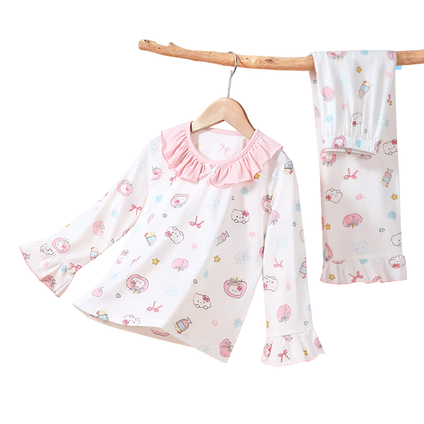 Cotton Girl's Pajamas Spring Summer 100% Cotton Homewear Set for Older Children and Teens Lightweight Breathable Mesh Air-Conditioned Clothing