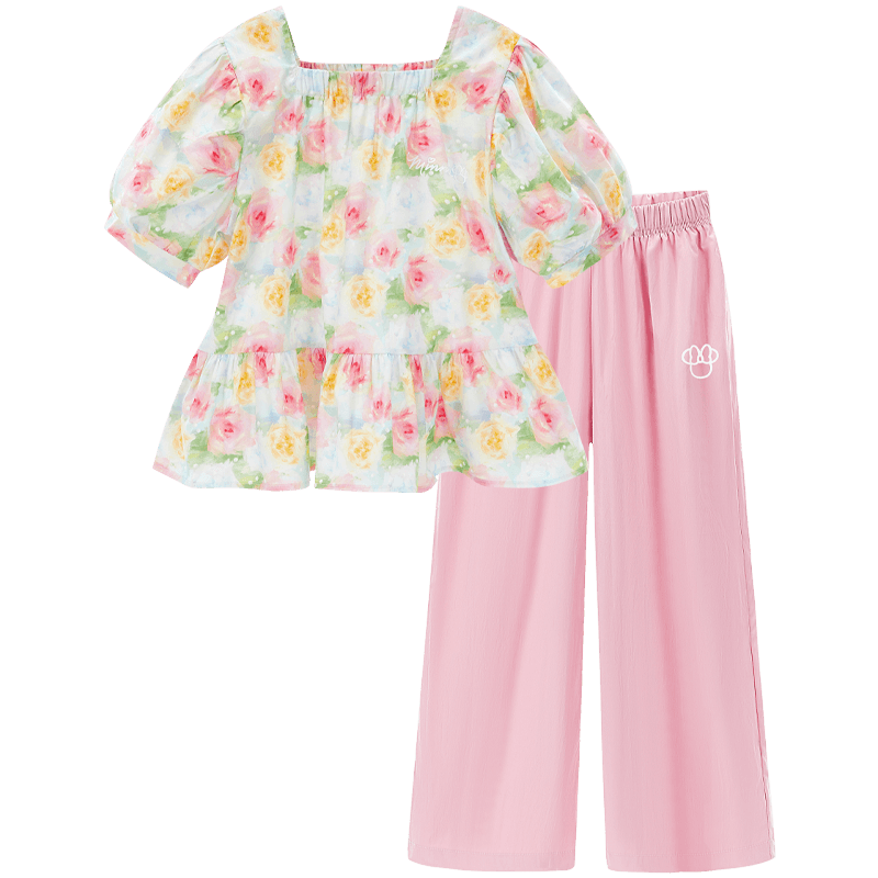 Disney Girls' Short Sleeve T-Shirt Set Summer Floral Cotton Top Two-Piece Pink 150