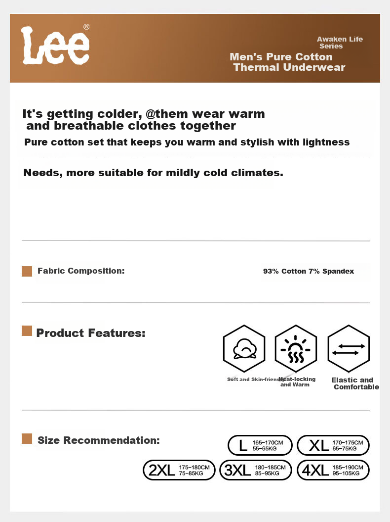 Lee Men's New Warm Set Pure Cotton Autumn Winter Thermal Underwear Windproof Base Layer Soft Heat-Retaining Innerwear 1