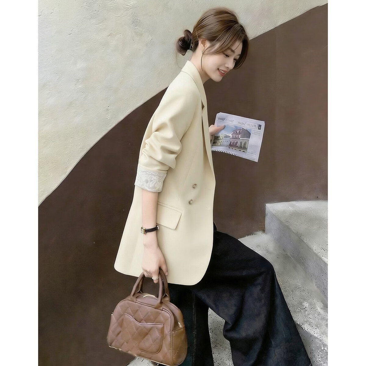 Demana [Sharp Aura] Spring Urban Commuter Style Lace Splice Double-Breasted Loose Slimming Coat for Women Premium Feel