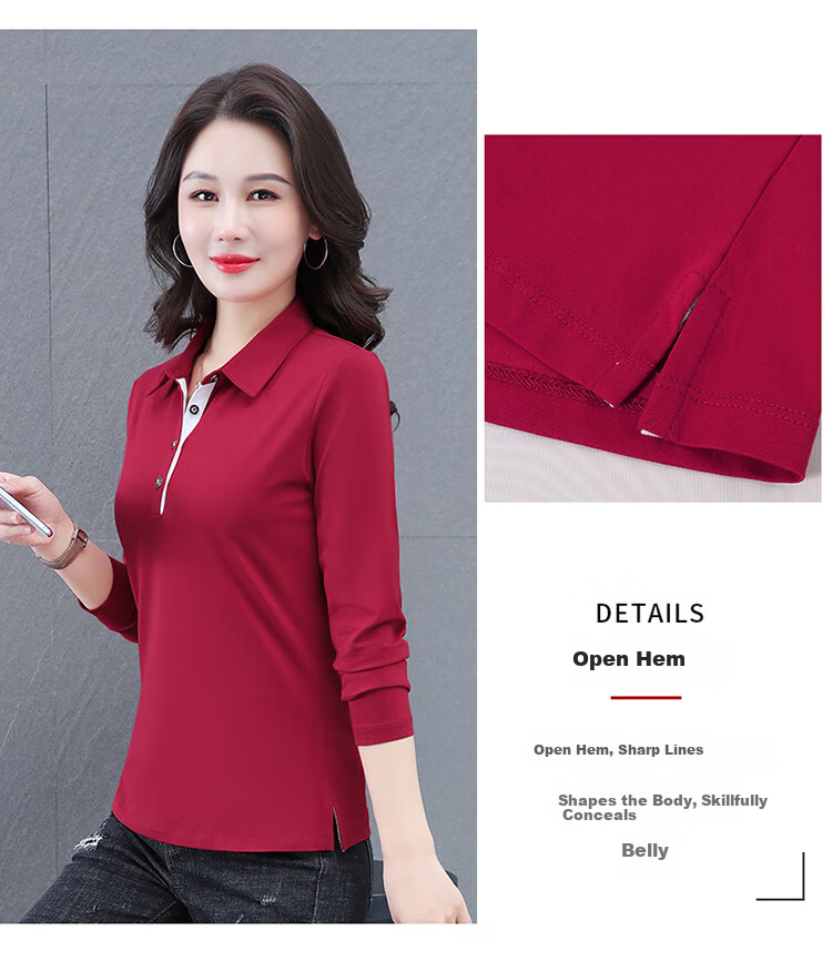 Woodpecker Women's Long Sleeve Cotton Polo Shirt, Spring Autumn New, Middle-aged Plus Size Casual Top, Gray, L 4