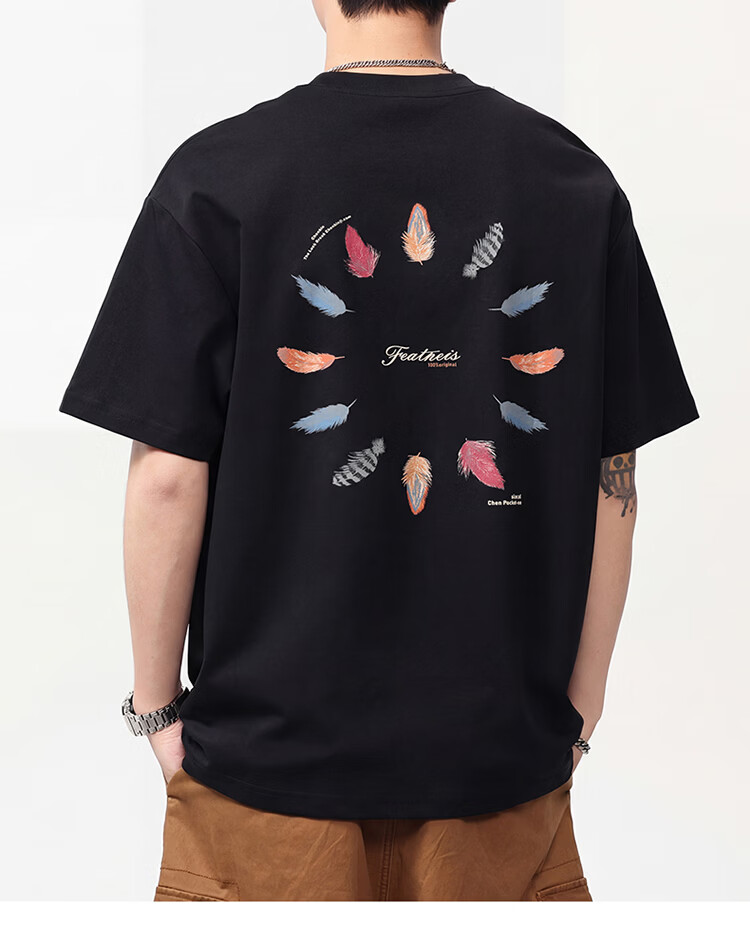 MARK FAIRWHALE Men's Summer Heavyweight Cotton Short Sleeve T-Shirt Fashion Printed Casual Tee Apricot S 13