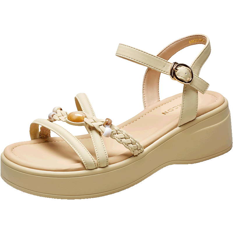 Eierkang Women's Fairy Style Wedge Sandals with Skirts Beach Shoes Thick Sole Roman Sandals 29011W Light Yellow Size 36