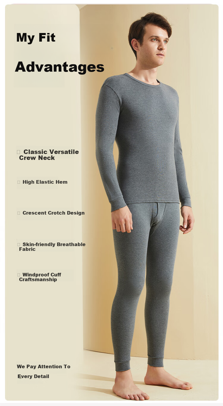 Yalu 100% Cotton Men's Thermal Underwear Set Anti-Mite Anti-Static Warm Autumn Winter Cotton Knit Top and Bottom 8