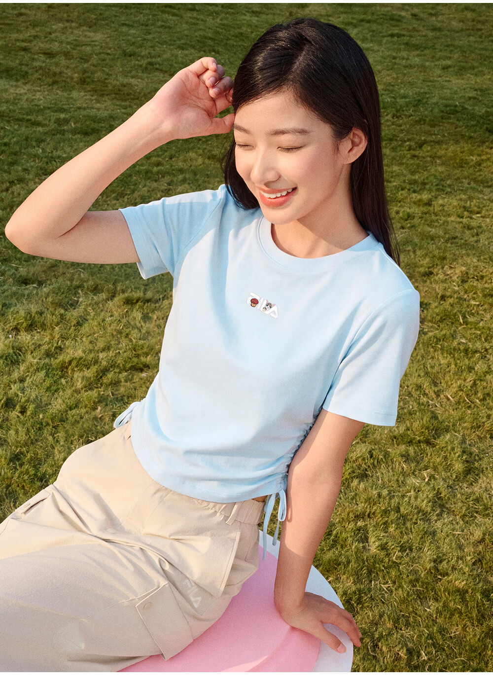 FILA Yang Mi Same Style Knitted Short Sleeve Shirt Women 2026 Summer Side Drawstring Fashion Casual Embroidered Logo Slim T-Shirt 21