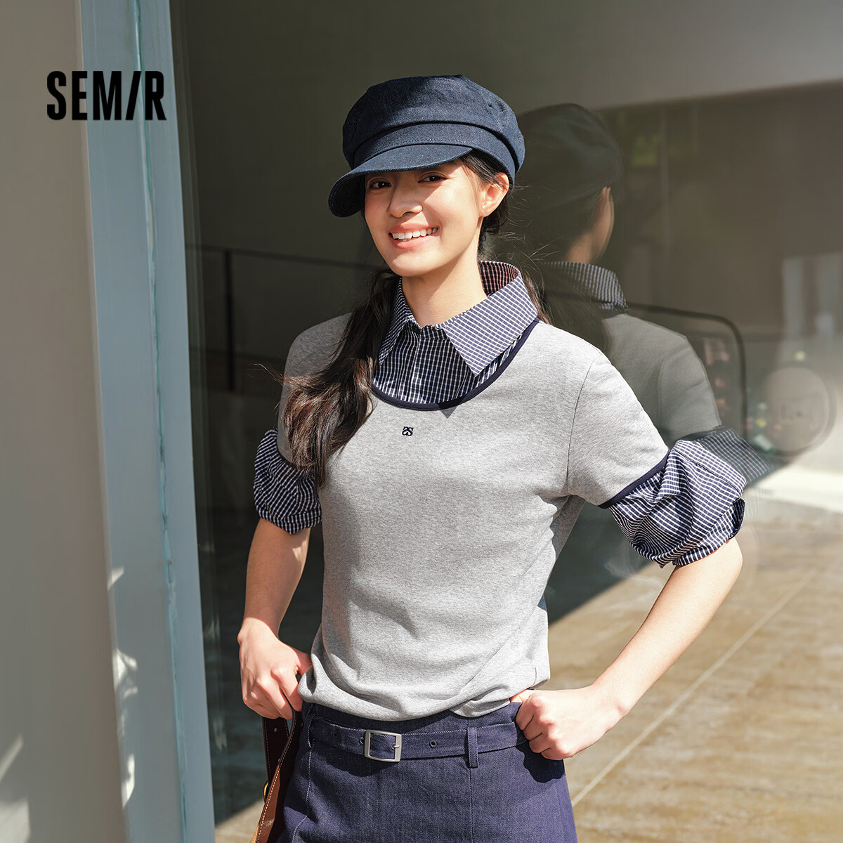 Semir Cooling T-Shirt | Mall Same Style Women's Summer Short Sleeve Color Block U-Neck Slim Fit 2026 Top 101326100003