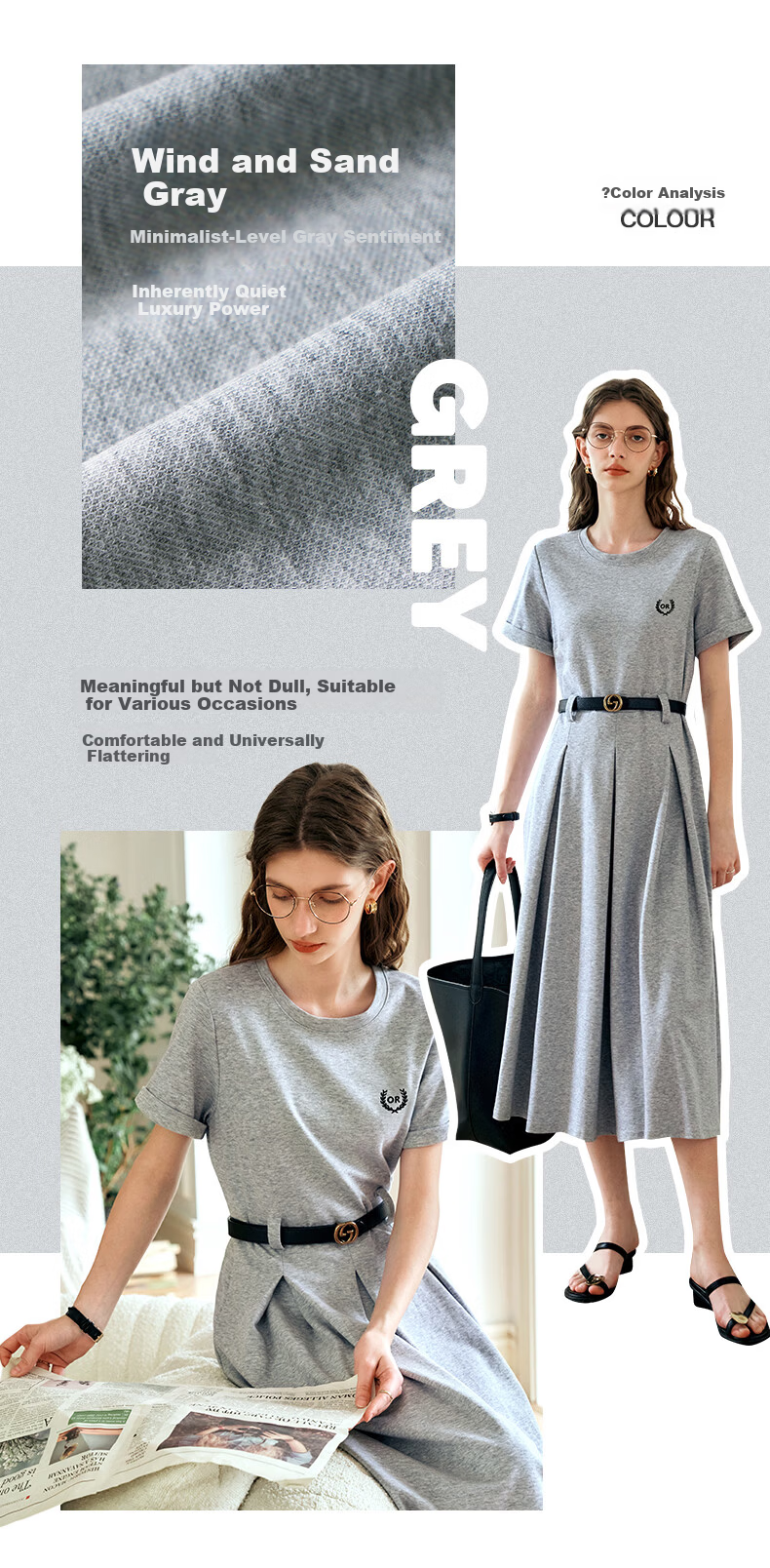Olrain Eurie Knit Dress Women's Summer Commuter College Style Casual Waist Slimming Long Dress Light Gray S 13